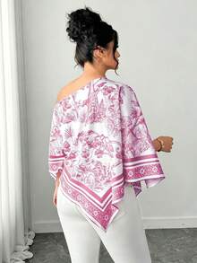 Elenzga 大尺碼女款休閒優雅不對稱領長袖不對稱下擺襯衫 斜肩開衩袖寬鬆時尚襯衫 復古日落度假印花蝙蝠袖上衣 新款百搭 適合四季 日常通勤 外出穿搭上衣 - 粉色 - 查看 2