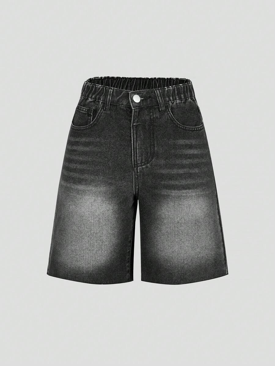 SHEIN 女童牛仔短褲,夏季新品,復古水洗彈性腰寬鬆直筒毛邊休閒牛仔短褲,Y2K街頭風,黑色舒適純棉牛仔,適合校園穿搭、夏季度假、日常出行、戶外、派對等多種場合 - 黑色 - 查看 1
