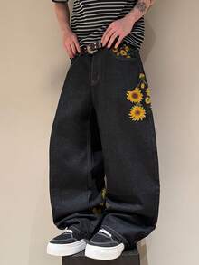 STEELVANCE Celana Jeans Denim Pria Model Saku Kancing Streetwear dengan Desain Bordir, Potongan Longgar dan Lebar - Hitam - View 3
