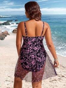Swim Lushoire Plus Size Women Prints Contrast Mesh One-Piece Swimsuit Dress For Summer Beach Vacation - Black - View 2