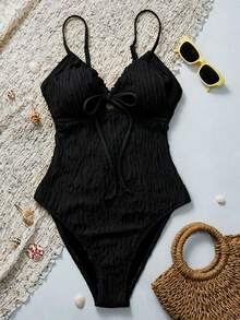 Swim Vcay Women's Textured Fabric Drawstring Front One-Piece Swimsuit, Suitable For Summer Beach Vacation - Black - View 7