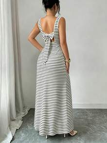 Selianne New Square Neck Women's Sleeveless Ribbed Knit Split Design Back Bow Tie Elegant Slim Fit Party Long Dress - Black and White - View 2