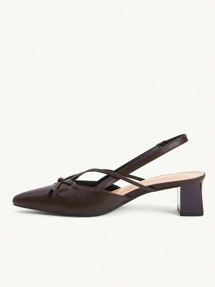 CUCCOO CHICEST Brown Pointed Cross Strap Bow Empty Sandals, Thick Heel, Daily Commuter Temperament Shoes