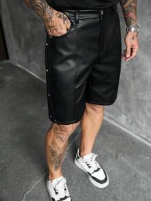 SLATEMANN Men's Black PU Leather Shorts, Rivet Design, Fashionable Versatile Casual Straight Leg Shorts - Black - View 3