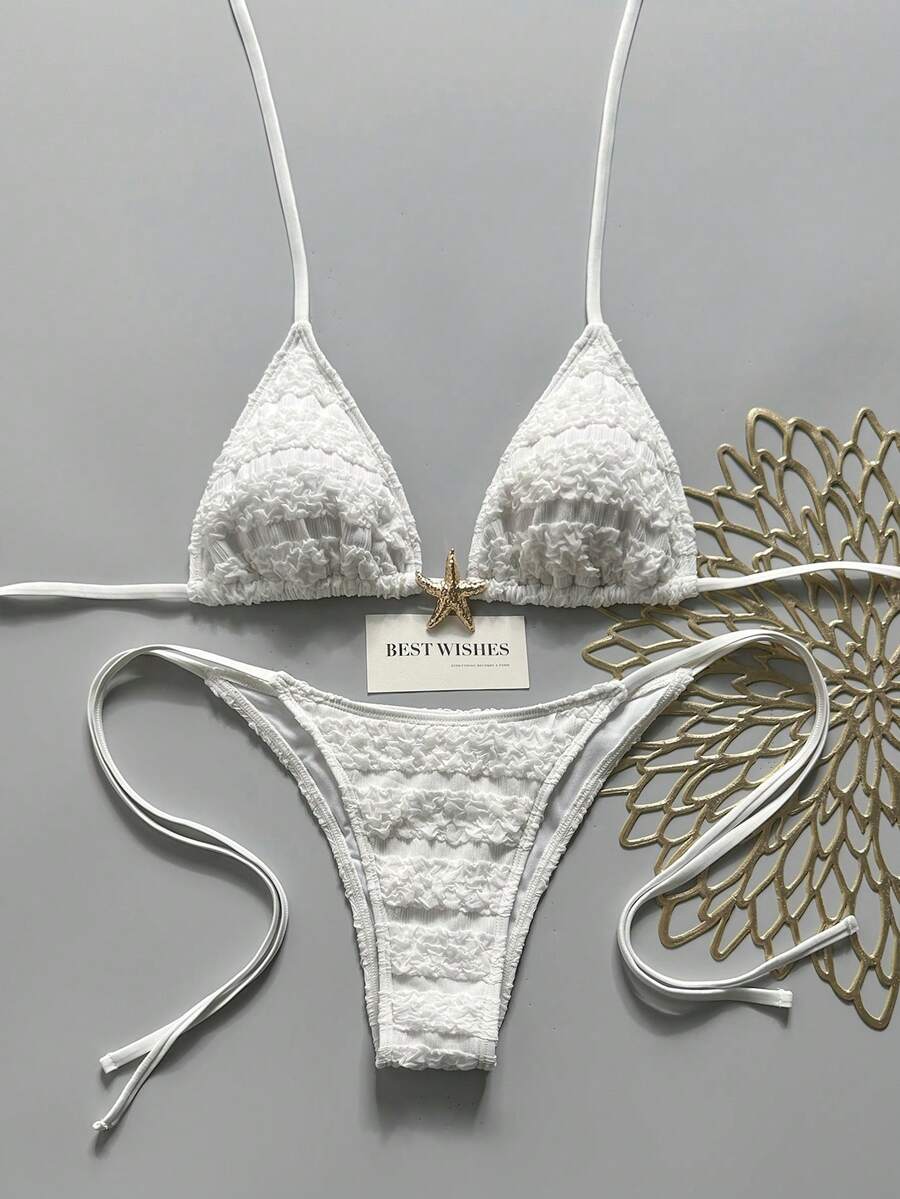 Swim Vcay 2026春夏女款兩件式比基尼泳衣套裝，白色紋理面料，細肩帶，掛脖綁帶設計，高衩側開衩丁字褲，甜美度假風，適合海邊拍照 - 白色 - 查看 1