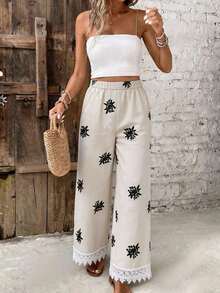 SHEIN Holidaya Damen Weite Hose, französischer Retro-Stil mit Spitzenbesatz, leicht, locker, elastischer Bund, Leinenoptik, elegante Casual-Hose für den Sommer - Khaki - Übersicht 4