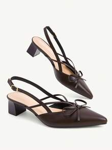 CUCCOO CHICEST Brown Pointed Cross Strap Bow Empty Sandals, Thick Heel, Daily Commuter Temperament Shoes - List one dark brown - View 10