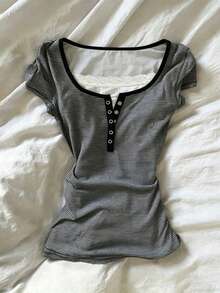 IslaSuriya Camiseta de mujer con mangas cortas, con volantes, parches de encaje y rayas - Multicolor - Ver 3