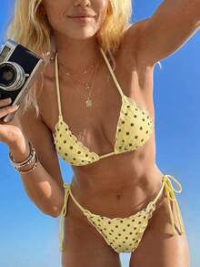 Swim Mod Women's Random Print Halter Floral Trim Bikini Set, Spring/Summer - Multicolor - View 1
