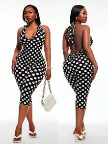 Radiana Schwarzer und weißer Jumpsuit in Übergröße für Damen, Frühling/Sommer, 70 Stücke Jahre, süß, stylisch, mit Polka-Dots, tailliert, Neckholder, rückenfrei, Caprihose, lässig, für Alltagsoutfits - Schwarz und Weiss - Übersicht 13