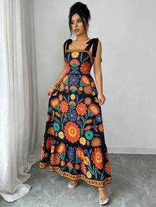 Elenzga Vestido de vacaciones para mujer con estampado floral y tirantes con nudo en los hombros - Negro - Ver 6