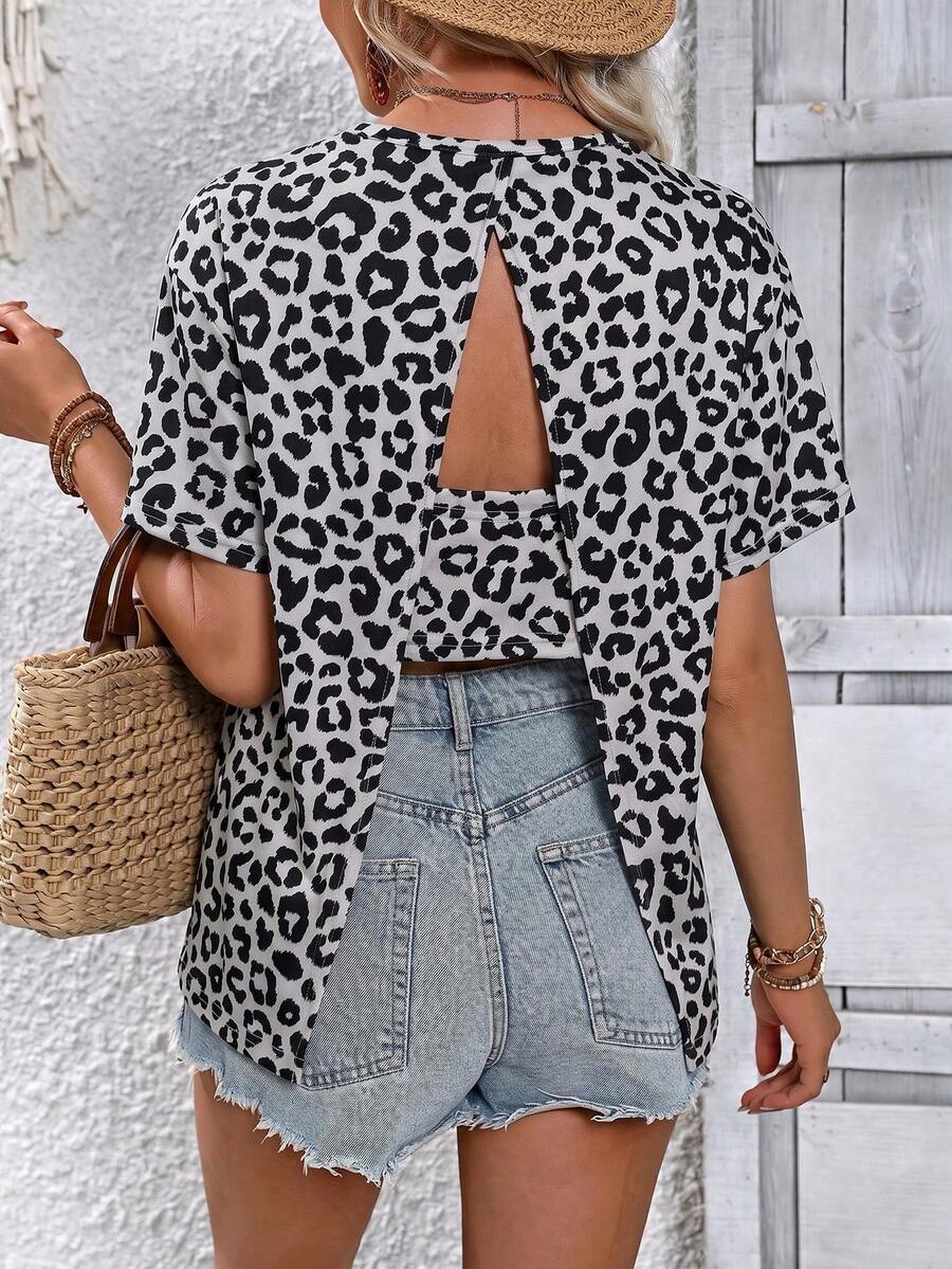 Breezaya Women's Leopard Print Pattern Back Cutout Open Back T-Shirt - Grey - View 1