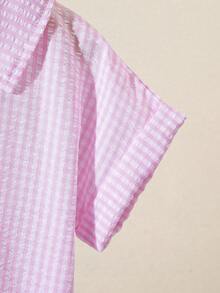 SHEIN Elladie kids 女童小格紋翻領鈕扣休閒襯衫與直筒長褲2件組，適合日常休閒出遊與上學 - 粉色 - 查看 7