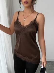 Rafferiza Women's Elegant French Lace Patchwork Camisole - Rust Brown - View 3