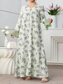 Al Najma Plus Size Women's Floral Print Ruffle Flare Sleeve Dress - Green - View 6