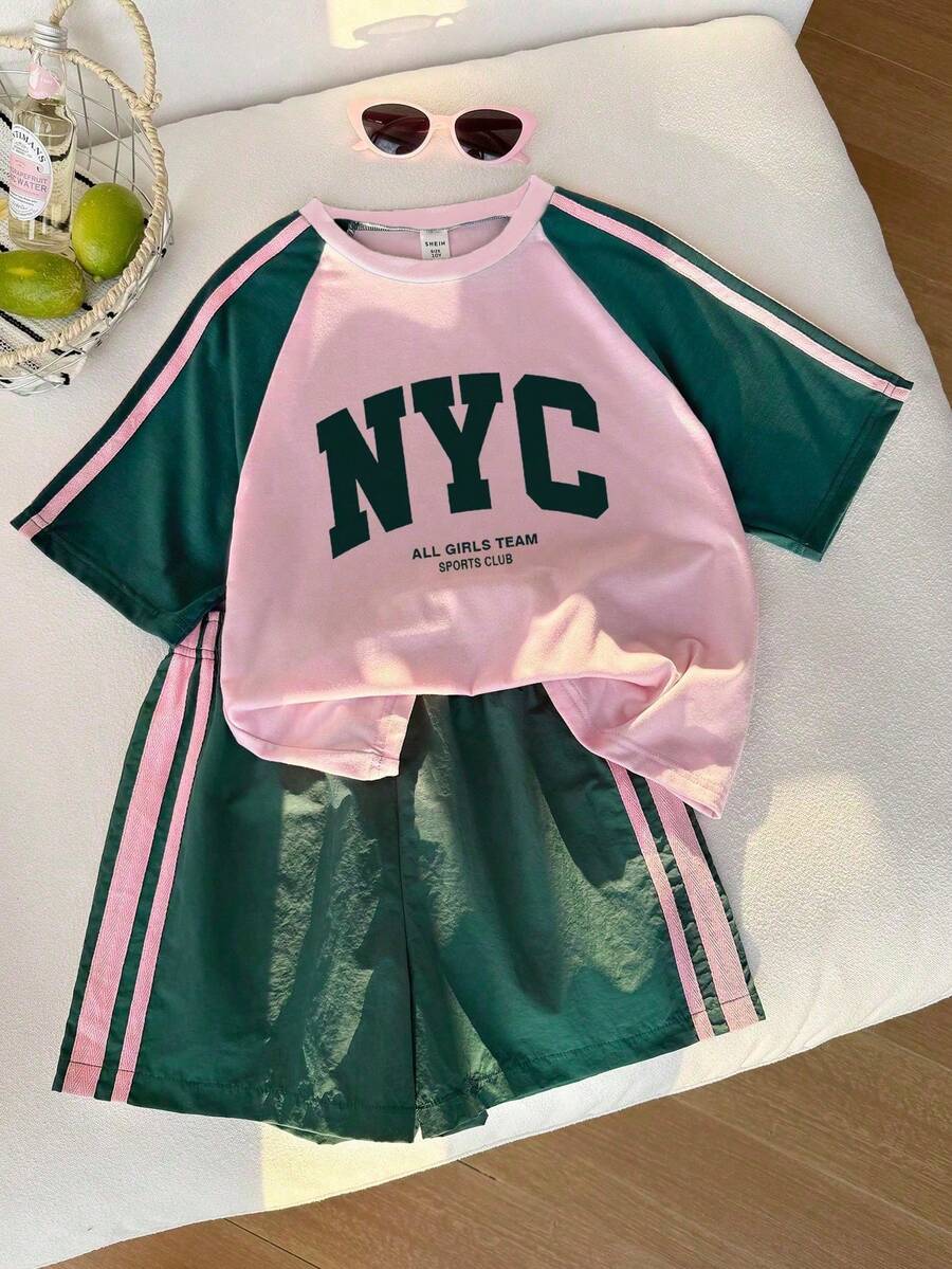 Elladie kids 少女圓領對比色字母圖案短袖T恤與短褲休閒套裝 - 彩色 - 查看 1