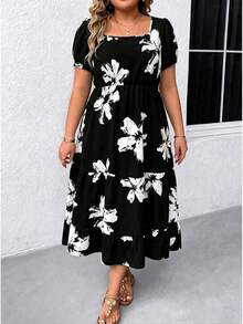 EMERY ROSE Vestido Maxi para Mujer Talla Grande con Cuello Cuadrado, Manga Corta, Estampado y Bajo con Volantes - Blanco y Negro - Ver 1
