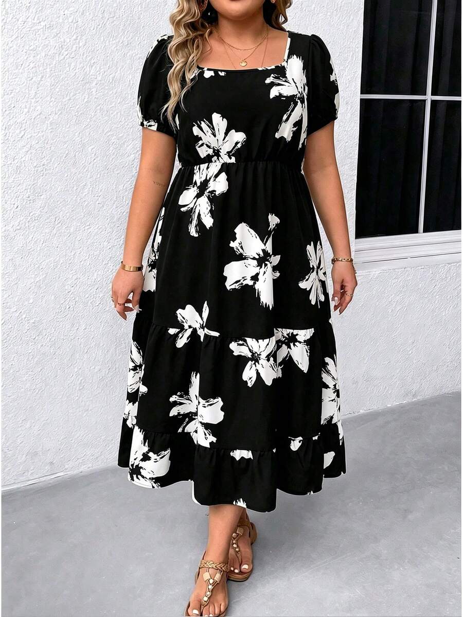 EMERY ROSE Vestido Maxi para Mujer Talla Grande con Cuello Cuadrado, Manga Corta, Estampado y Bajo con Volantes - Blanco y Negro - Ver 1