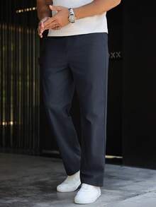 Manfinity Homme Men's Simple Front Button Pocket Casual Long Pants, Daily Wear, Fall - Navy Blue - View 8