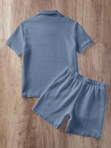 Manfinity Joysei Men's Zipper Design Short Sleeve Polo Shirt And Shorts Casual Suit - Dusty Blue - View 2