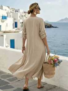 EMERY ROSE Plus Size Women's Casual Loose Linen Dress, Beige Summer Boho Vacation Dress With Rollup Sleeves, Elegant Minimalist Slouchy Holiday - Khaki - View 2
