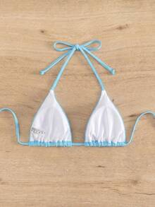 Swim Basics 女款素色百褶性感掛脖綁帶比基尼上衣，度假適用 - 藍色 - 查看 2