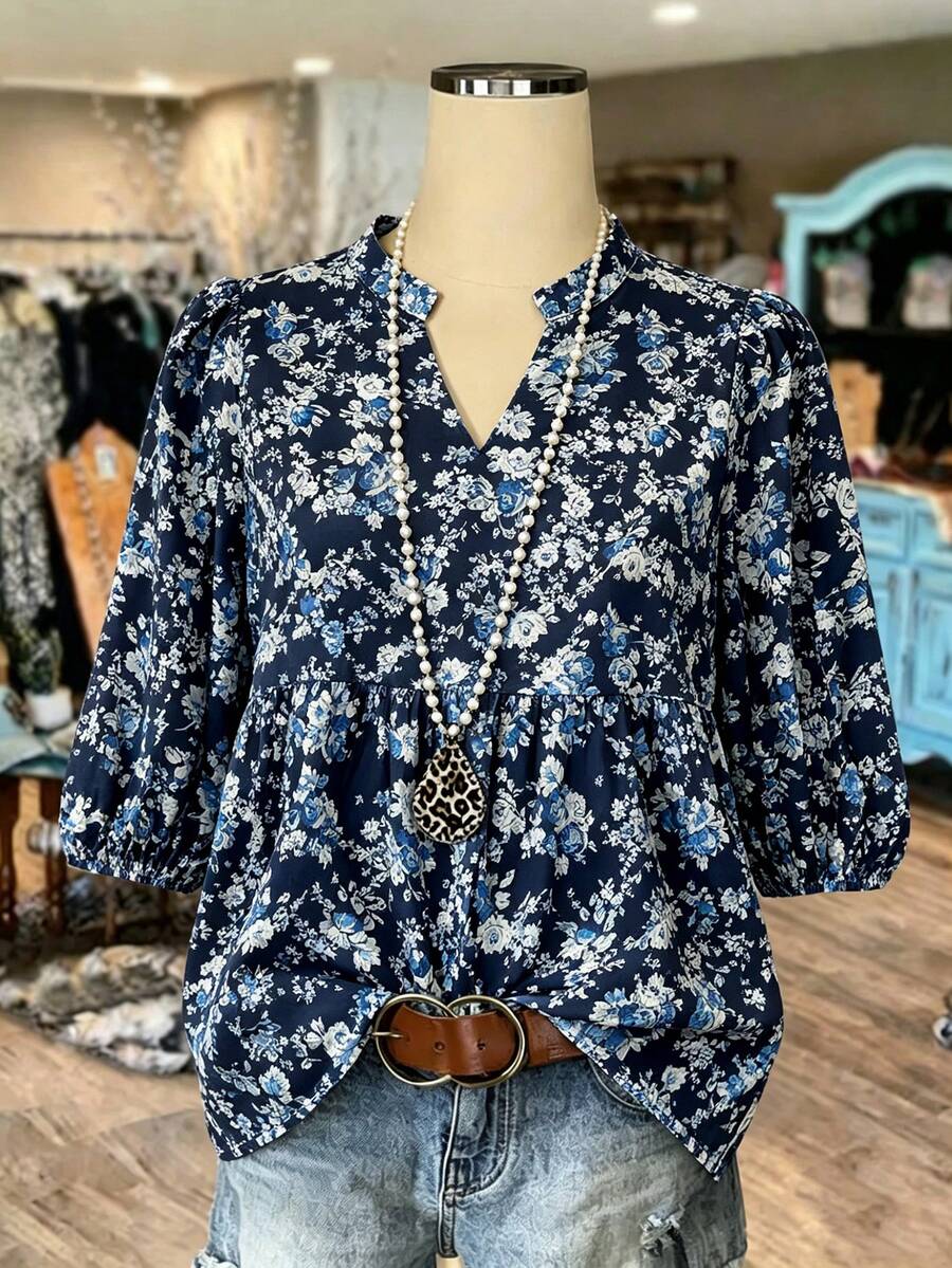 Linhara Plus Size Printed Waist-Cinching 3/4 Sleeve Doll Style Elegant Graceful Vacation Casual Commute Spring Summer Autumn Printed Blouse Fall - Royal Blue - View 1