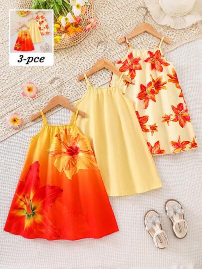 Bộ 3 váy thời trang thường ngày mới bán chạy cho bé gái sơ sinh & chập chững (Xuân/Hè), chất liệu vải dệt mềm, gồm: 1 váy in hoa kỹ thuật số chuyển màu cam + 1 váy in họa tiết báo hoa ly cam kỹ thuật số + 1 váy suông sát nách dây màu vàng nhạt trơn, phong cách dễ thương tinh nghịch, thoải mái ngọt ngào, đơn giản dễ mặc, phù hợp mặc hàng ngày, đi chơi, du lịch, dự tiệc, lễ hội, trang phục Xuân/Hè