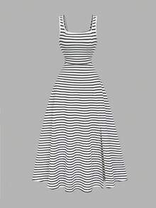 Selianne New Square Neck Women's Sleeveless Ribbed Knit Split Design Back Bow Tie Elegant Slim Fit Party Long Dress - Black and White - View 6