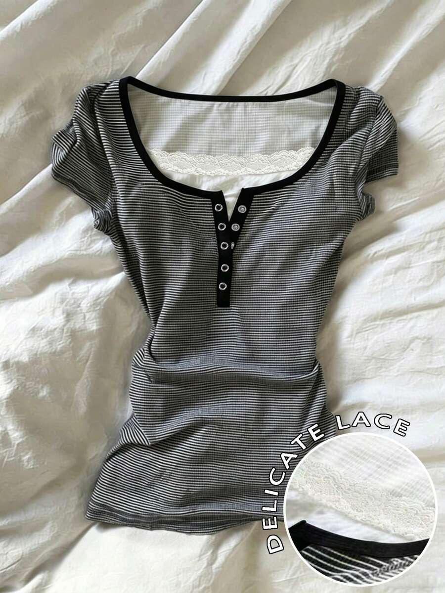 IslaSuriya Camiseta de mujer con mangas cortas, con volantes, parches de encaje y rayas - Multicolor - Ver 1