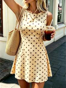 SHEIN PETITE Women's Spring/Summer New Brown Polka Dot Dress, Off-The-Shoulder Neckline, Tie Back Design, Cinched Waist, A-Line, Elegant Vintage Vacation Brunch - Pale Yellow - View 5