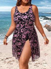 Swim Lushoire Plus Size Women Prints Contrast Mesh One-Piece Swimsuit Dress For Summer Beach Vacation - Black - View 4