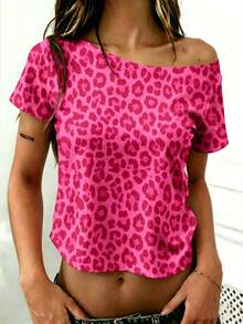 Rovax Fuchsia Leopard Print Cropped Asymmetric Shoulder Short Sleeve T-Shirt - Hot Pink - View 2