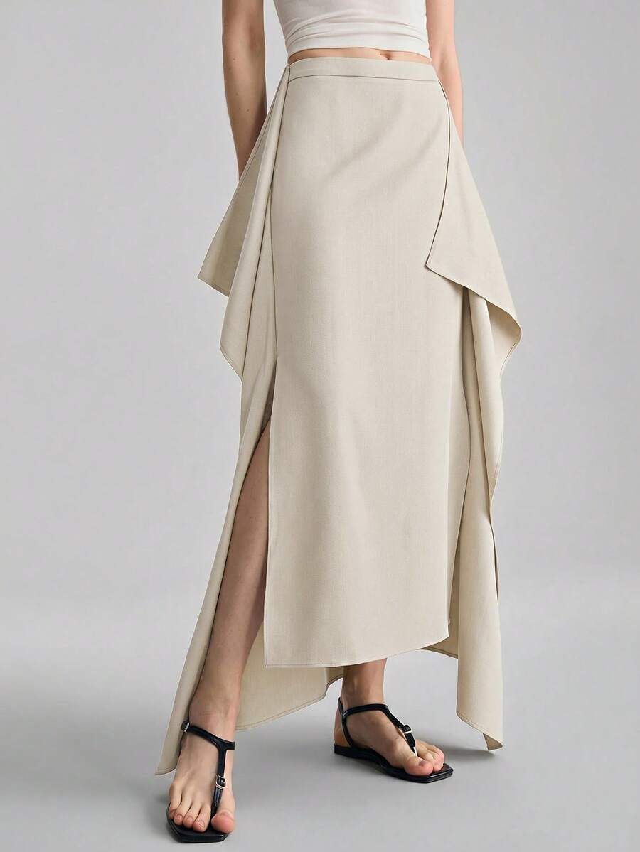 Ontre New 2026SS Spring/Summer Structured Wave Hem Skirt Women's Skirt Suitable For Modern Urban Party Season, Back To School Season, Urban Minimalist Fashion Casual Daily, Casual Bohemian Style, Vacation, Festival, Spring Women's Skirt - Apricot - View 1