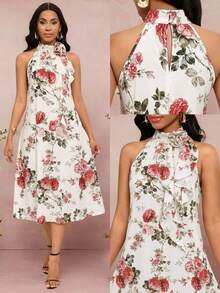 SHEIN Lady 大码女式碎花优雅吊带连衣裙，度假风 - 彩色 - 查看 3