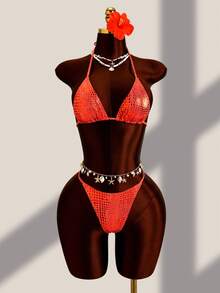Zestiva Conjunto de Bikini de Verano para Playa con Cuello Halter, Lentejuelas y Hebilla de Anillo - Naranja - Ver 5