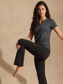 Glamine Women's Solid Color Notch V-Neck Regular Shoulder Casual Comfortable Sports Short Sleeve T-Shirt - Charcoal Grey - View 5