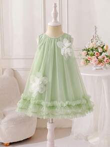 SHEIN Glamorique Kids 女嬰夏季綠色無袖碎花洋裝，甜美可愛風，優雅正式穿著，適合秋季 - 綠色 - 查看 5