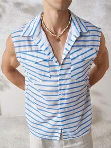 TONEVAULT Men's Summer Casual Tropical Linen-Like Sleeveless Shirt Vacation Blue And White Stripe - Blue - View 2