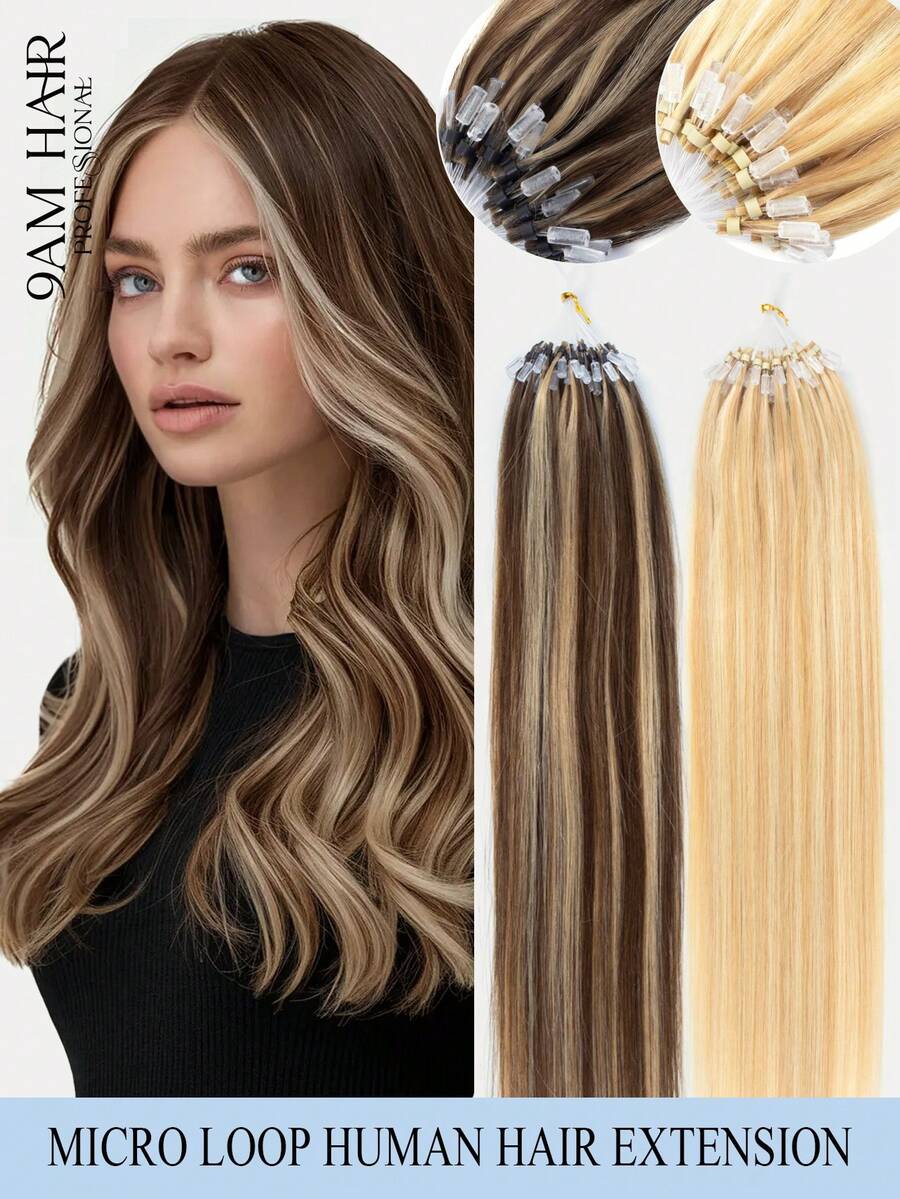 12-22inch Straight 50 Strands /Pack Invisible Beads Thick Micro Ring Loop 100% Human Hair Extensions With Fishing Line No Glue Needed Easy To Shape For Thin Hair And Salon Use All Women Daily Use Smooth And  Soft Silky Healthy Human Hair Extensions