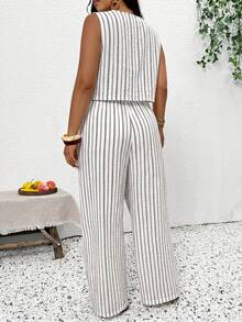 SHEIN Frenchy Women's Plus Size Striped Single-Breasted Blazer Vest And Casual Trousers Set - Black - View 4