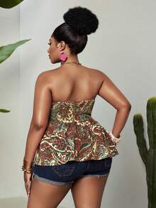 Maweii Women's Plus Size Halter Neck Twist Front Waist-Defining Slimming Tank Top, Vacation Style Printed Ruffle Trim Sleeveless Blouse - Brown - View 2