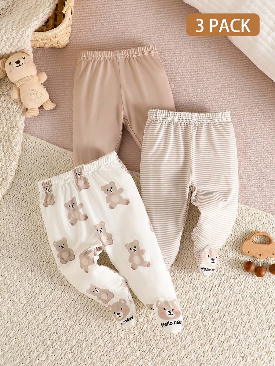 SHEIN 3 Pieces Set For Newborns: Khaki Striped Bear-Print Footed Pants Cute Cartoon Design, Soft Against The Skin, Loose And Comfortable Suitable For All Seasons Perfect For Everyday Wear, Vacations, And Outings