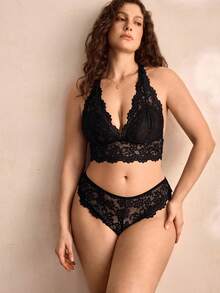 Charlaine Plus Size Women's Lace Underwear Set With Faux Pearl Decorations, Bra & Panty Set, Lingerie - Black - View 6