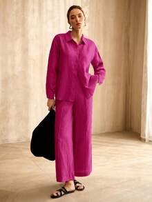 MOTF PREMIUM WOMEN'S LINEN COMFORTABLE LONG SLEEVE LOOSE SHIRT - Purple - View 5