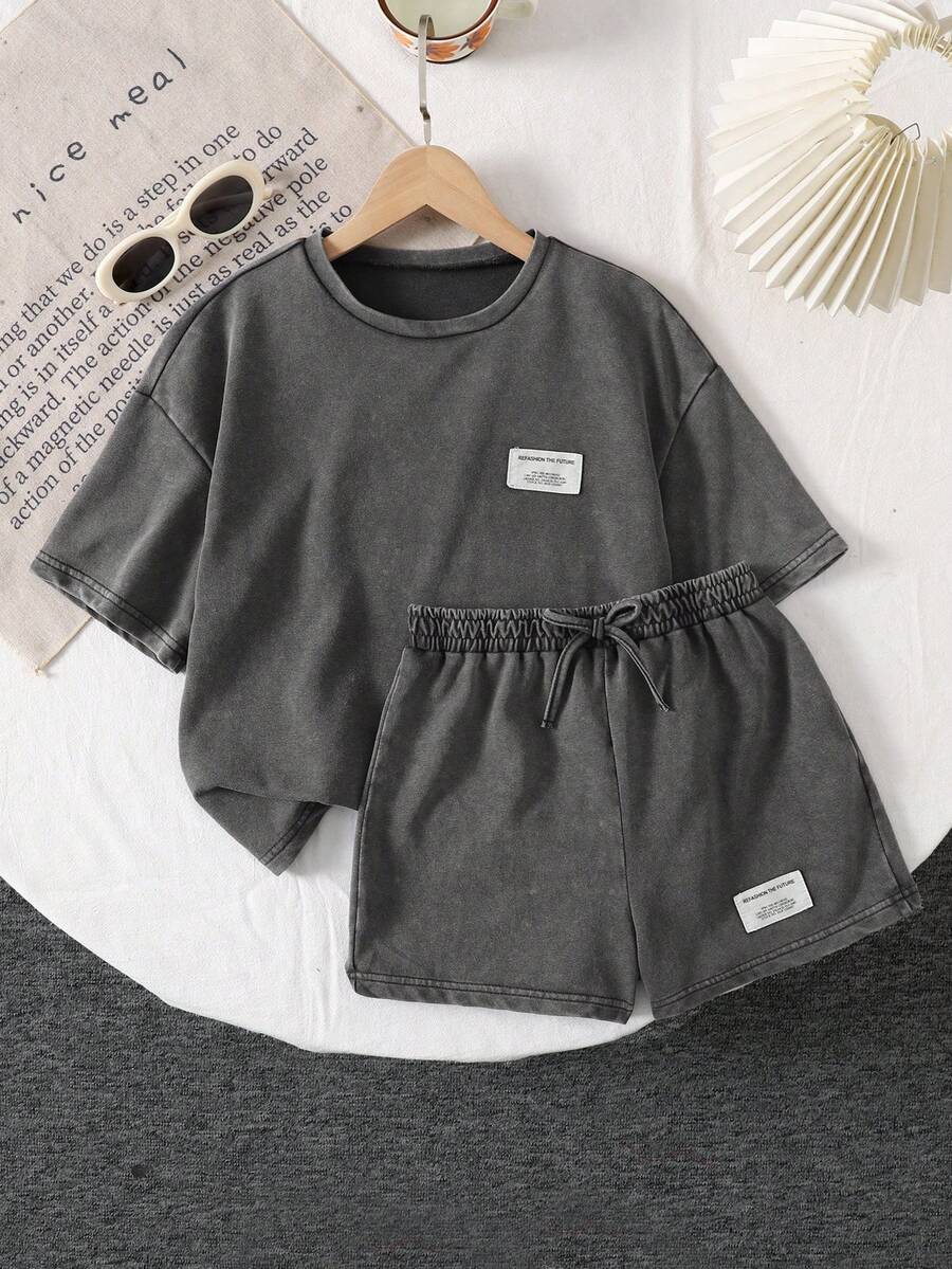 SHEIN Tween Girl Casual Summer Round Neck Short Sleeve Loose T-Shirt + Straight Leg Shorts Gray Distressed Washed Loose Set - Light Grey - View 1