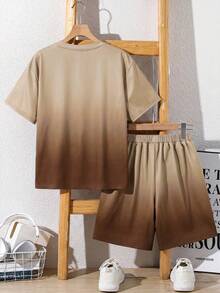 SHEIN 2pcs/Set Tween Boy Casual Minimalist Gradient English Print Short Sleeve Shirt And Shorts Set, Streetwear Preppy Style, Suitable For Spring And Summer - Khaki - View 2