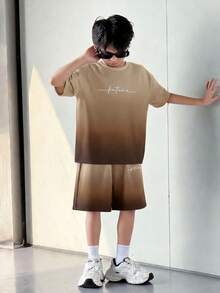 SHEIN 2pcs/Set Tween Boy Casual Minimalist Gradient English Print Short Sleeve Shirt And Shorts Set, Streetwear Preppy Style, Suitable For Spring And Summer - Khaki - View 5