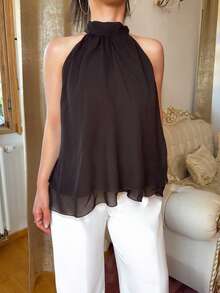 Jeta Ari Plum Purple Sexy New Bohemian Minimalist Halter Neck Ruched A-Line Chiffon Camisole For Women, Spring/Summer Casual - Coffee Brown - View 6