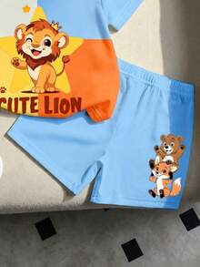 SHEIN Playful Pals 可愛男嬰2件組夏季套裝(6M-3Y)! 卡通T恤&短褲，適合拍照、節慶&禮物 - 杏色 - 查看 3